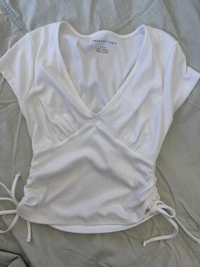 American Eagle Outfitters White V-Neck Ribbed Short Sleeve Top with Side Ties